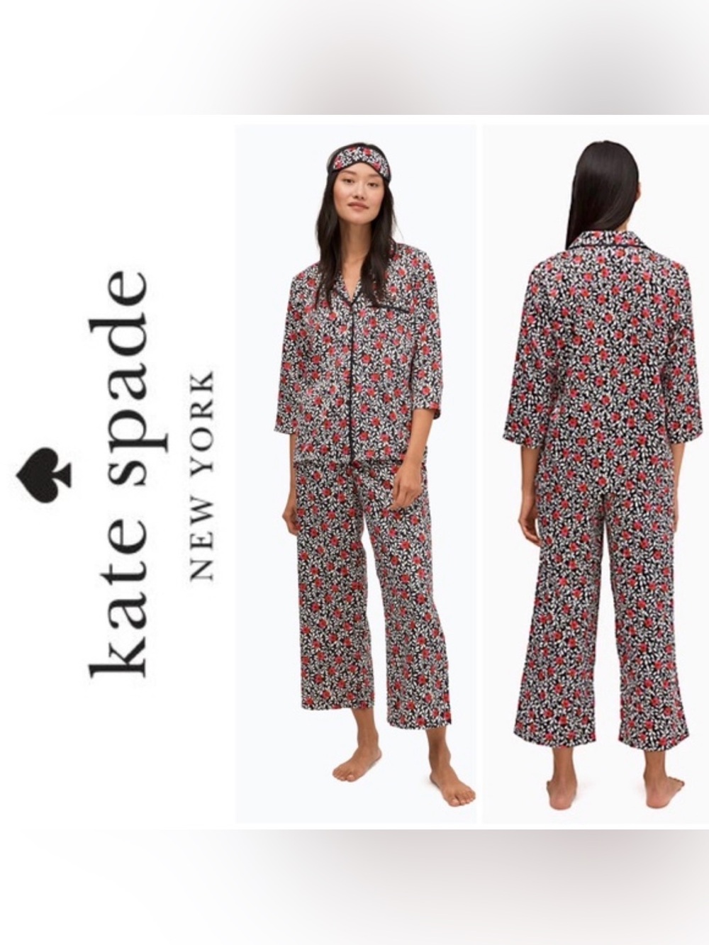 Kate Spade Floral Charm Pajama Set Small Black Pink Floral 2 Piece Satin